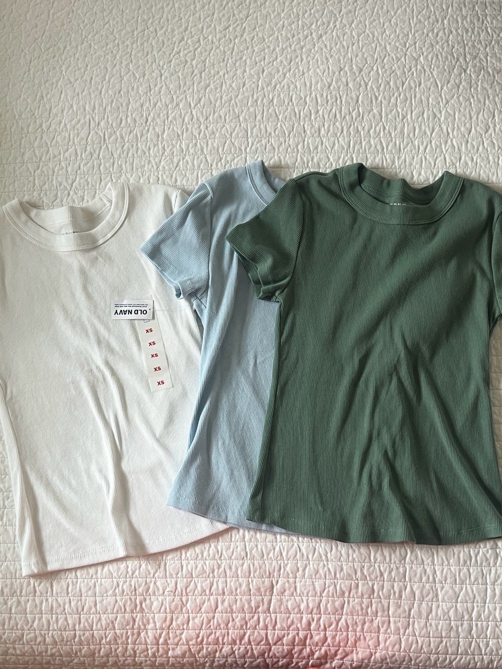 Old Navy Women’s Short Sleeve Ribbed Snug Fit Tee - White, Light Blue, Green XS